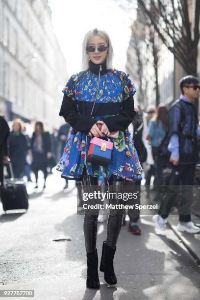 Irene Kim is seen on the street attending Sacai during Paris Women's Fashion Week A/W 2018 wearing a blue Sacai dress on March 5, 2018 in Paris,...
