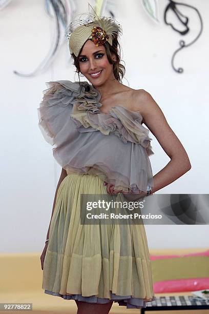 Rebecca Twigley poses at the Myer Marquee during Crown Oaks Day as part of the 2009 Melbourne Cup Carnival at Flemington Race Course on November 5,...