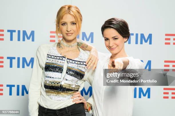 Italian radio and tv hosts Andrea Delogu and Ema Stokholma at Festival di Sanremo press room. Sanremo, February 6th 2018