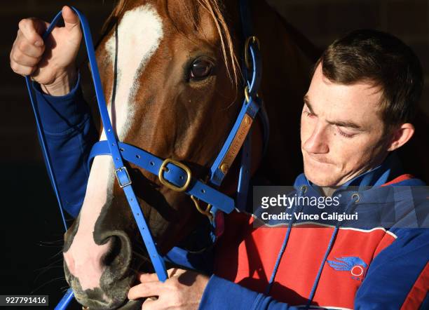 Billy Owen is seen with Single Gaze during a trackwork session at Sandown Lakeside on March 6, 2018 in Melbourne, Australia. Single Gaze will be...