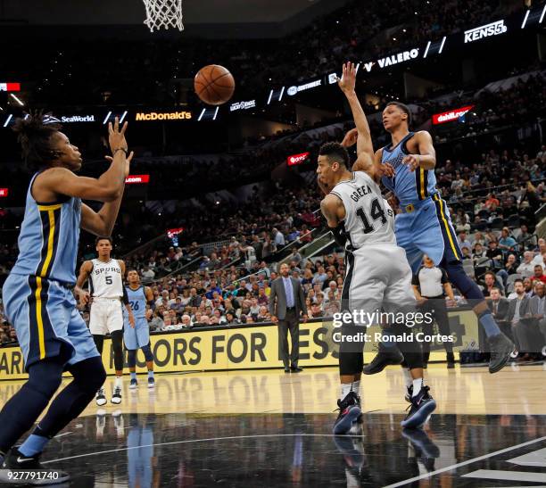 Ivan Rabb of the Memphis Grizzlies passes off to teammate Deyonta Davis of the Memphis Grizzlies as Danny Green of the San Antonio Spurs defends at...