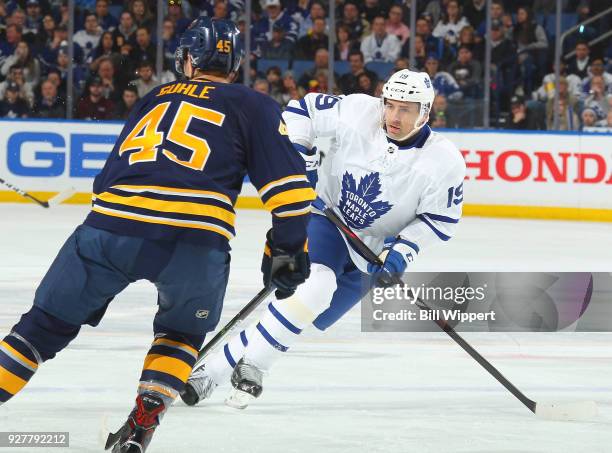 Tomas Plekanec of the Toronto Maple Leafs skates against the Buffalo Sabres during an NHL game on March 5, 2018 at KeyBank Center in Buffalo, New...
