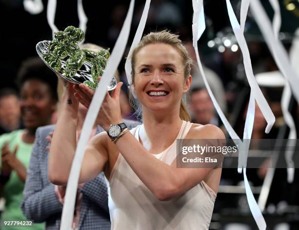 Elina Svitolina of the Ukraine celebrates her win of the Tie Break Tens at Madison Square Garden on March 5, 2018 in New York City.