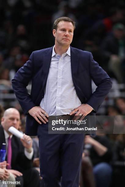 Head coach Fred Hoiberg of the Chicago Bulls watches as his team takes on the Boston Celtics at the United Center on March 5, 2018 in Chicago,...