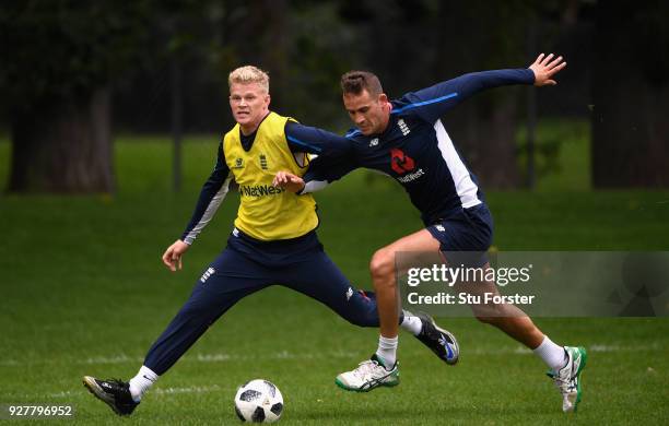 England player Sam Billings is challenged by Alex Hales during a game of football during an England training session ahead of the 4th ODI v New...