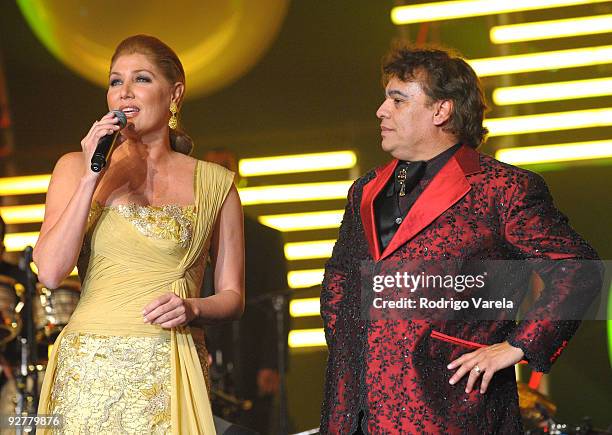 Maite Delgado and honoree Juan Gabriel speaks onstage at the 2009 Person Of The Year Honoring Juan Gabriel at Mandalay Bay Events Center on November...