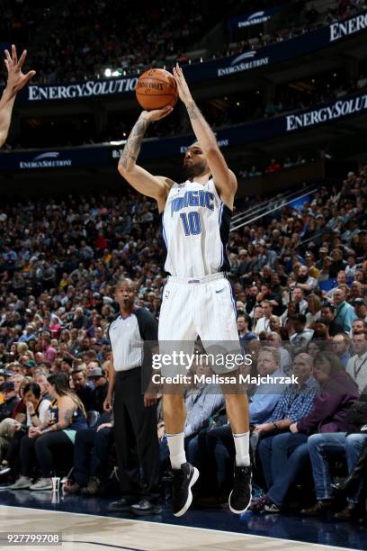 Evan Fournier of the Orlando Magic shoots the ball during the game against the Utah Jazz on March 5, 2018 at vivint.SmartHome Arena in Salt Lake...