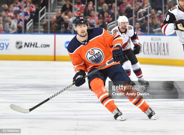 Anton Slepyshev of the Edmonton Oilers skates during the game against the Arizona Coyotes on March 5, 2017 at Rogers Place in Edmonton, Alberta,...
