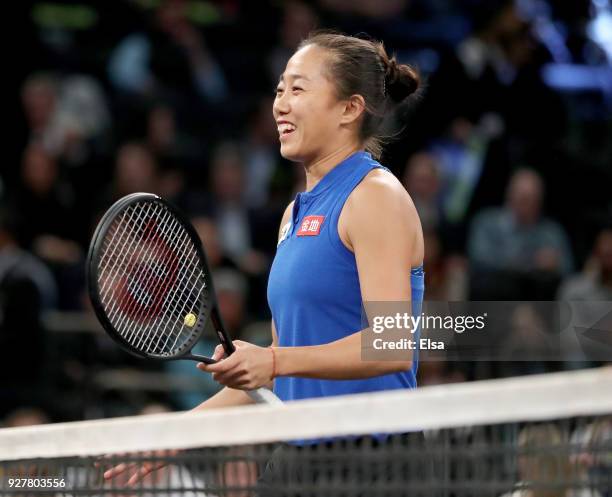 Shuai Zhang of China ceebrates her win over Venus Williams of the United States during the Tie Break Tens at Madison Square Garden on March 5, 2018...