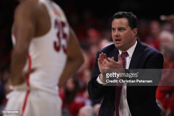 Head coach Sean Miller of the Arizona Wildcats reacts during the second half of the college basketball game against the California Golden Bears at...