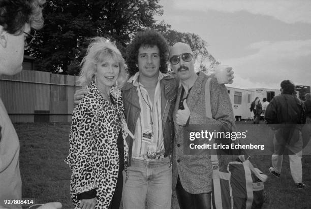 Stella Stevens, Corky Laing and Bob Kulick , backstage at Knebworth Park, Hertfordshire, United Kingdom, 1985.