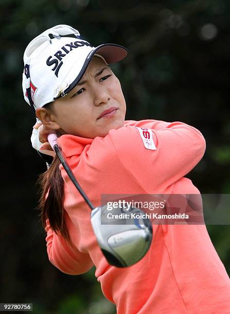 Sakura Yokomine of Japan hits a teeshot during practice for the 2009 Mizuno Classic at Kintetsu Kashikojima Country Club on November 5, 2009 in...