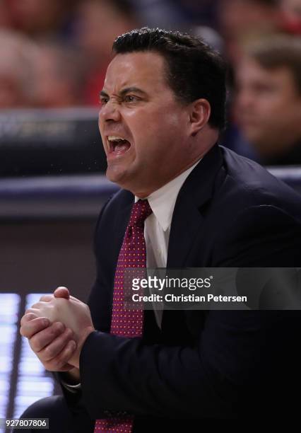 Head coach Sean Miller of the Arizona Wildcats reacts during the second half of the college basketball game against the California Golden Bears at...