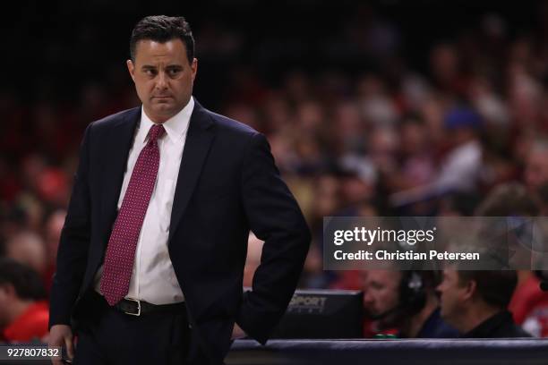 Head coach Sean Miller of the Arizona Wildcats reacts during the second half of the college basketball game against the California Golden Bears at...