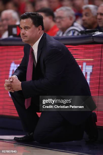 Head coach Sean Miller of the Arizona Wildcats looks on during the second half of the college basketball game against the California Golden Bears at...