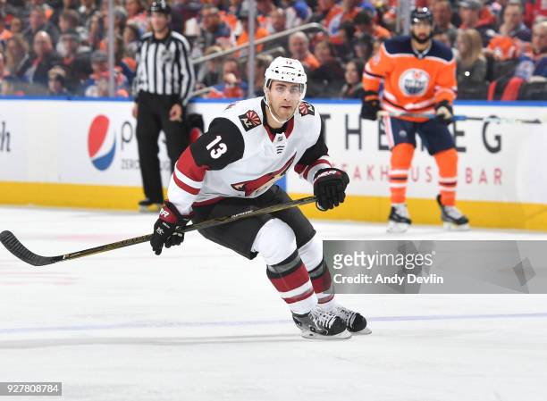 Freddie Hamilton of the Arizona Coyotes skates during the game against the Edmonton Oilers on March 5, 2018 at Rogers Place in Edmonton, Alberta,...