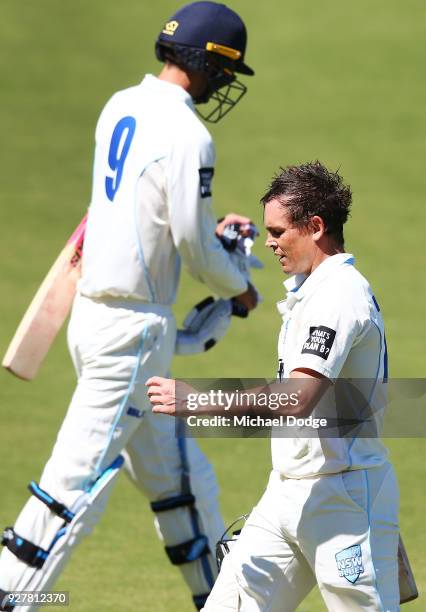 Steve O'Keefe of New South Wales looks dejected after he was dismissed during day five of the Sheffield Shield match between Victoria and New South...