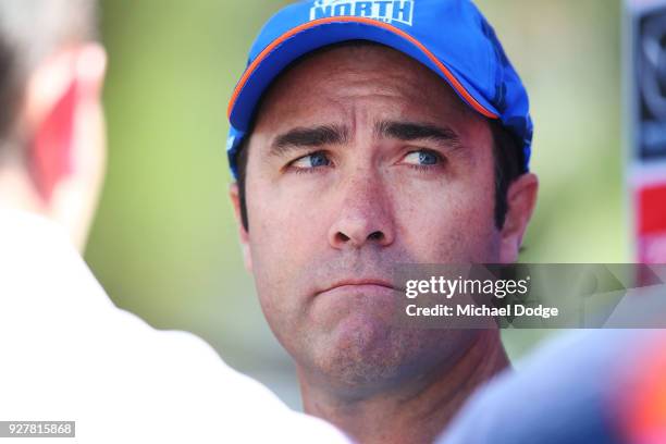 Kangaroos head coach Brad Scott speaks to media during a North Melbourne Kangaroos AFL training session at Arden Street Ground on March 6, 2018 in...