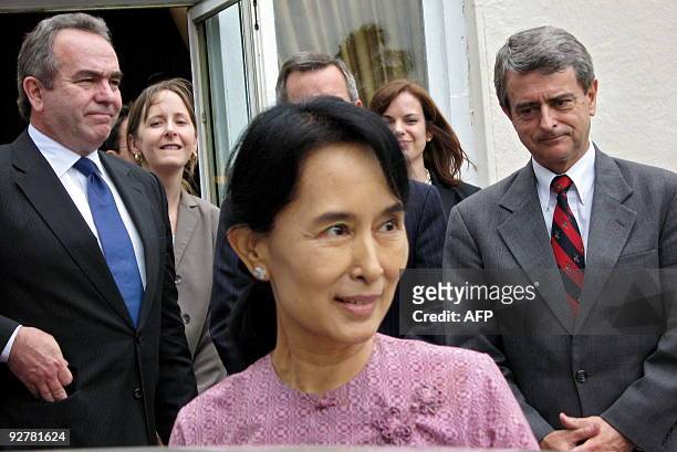 Myanmar democracy icon Aung San Suu Kyi looks on following a meeting with US Assistant Secretary of State for East Asian and Pacific Affairs Kurt...