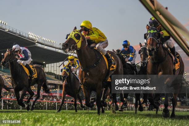 Peruggia ridden by Brad Rawiller wins the Penang Turf Club Handicap at Moonee Valley Racecourse on March 02, 2018 in Moonee Ponds, Australia.