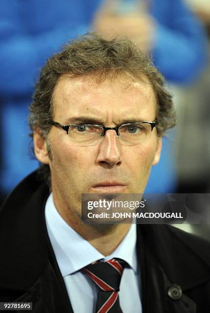 Bordeaux' coach Laurent Blanc waits for the start of the Bayern Munich vs Girondins de Bordeaux Champions League Group A football match in Munich on...