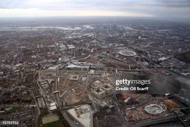 An aerial view of the construction site for the London 2012 Olympic Games in Stratford, East London on November 4, 2009 in London, England. The UK's...