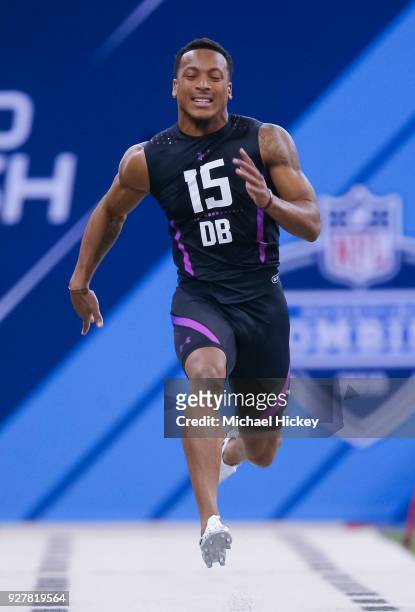 Central Florida defensive back Mike Hughes runs the 40 yard dash during the NFL Scouting Combine at Lucas Oil Stadium on March 5, 2018 in...