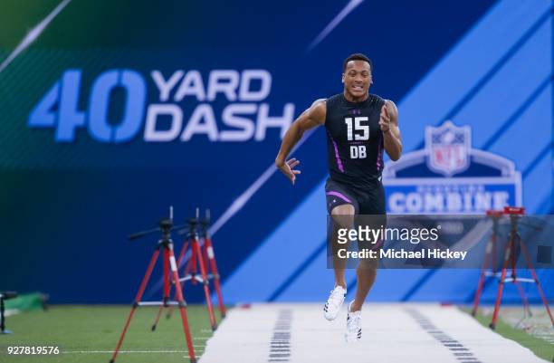 Central Florida defensive back Mike Hughes runs the 40 yard dash during the NFL Scouting Combine at Lucas Oil Stadium on March 5, 2018 in...