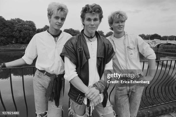 Group portrait of A-Ha at Eel Pie Studios during the making of their first album, Twickenham, London, 1984. L-R Pal Waaktaar, Morten Harket, Mags...