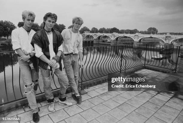 Group portrait of A-Ha at Eel Pie Studios during the making of their first album, Twickenham, London, 1984. L-R Pal Waaktaar, Morten Harket, Mags...