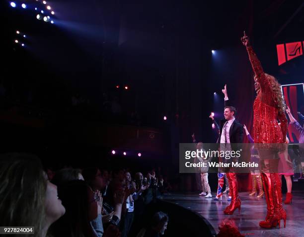 Jake Shears and Wayne Brady during the Curtain Call for Wayne Brady's return to "Kinky Boots" on Broadway on March 5, 2018 at the Hirschfeld Theatre...