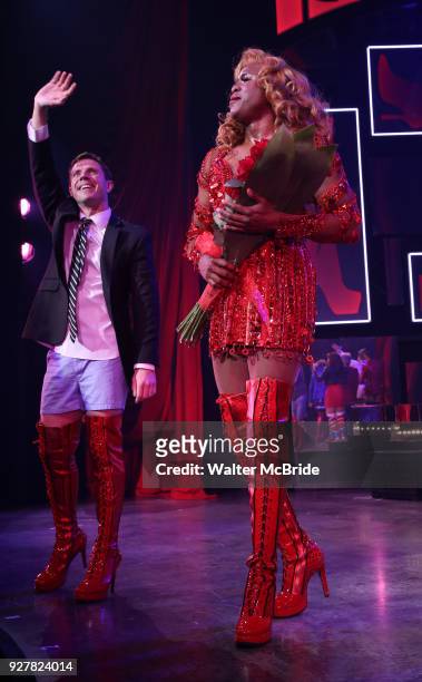 Jake Shears and Wayne Brady during the Curtain Call for Wayne Brady's return to "Kinky Boots" on Broadway on March 5, 2018 at the Hirschfeld Theatre...