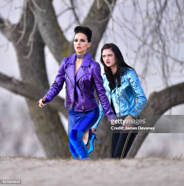 Natalie Portman and Raffey Cassidy seen on location for "Vox Lux" at Plumb Beach in Brooklyn on March 5, 2018 in New York City.