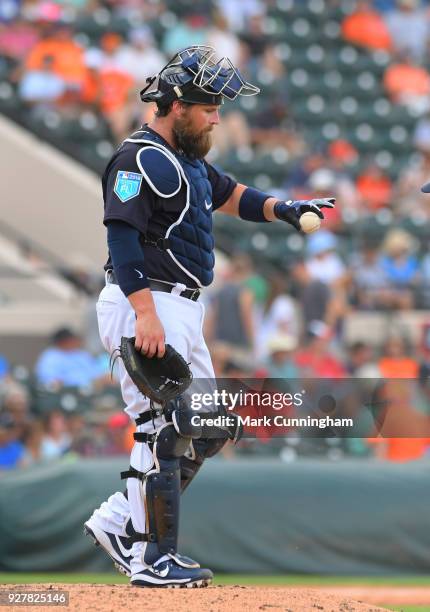 Derek Norris of the Detroit Tigers looks on during the Spring Training game against the Toronto Blue Jays at Publix Field at Joker Marchant Stadium...
