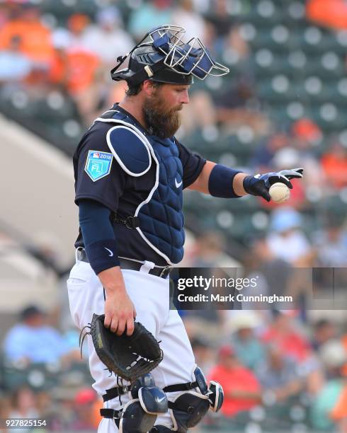 Derek Norris of the Detroit Tigers looks on during the Spring Training game against the Toronto Blue Jays at Publix Field at Joker Marchant Stadium...