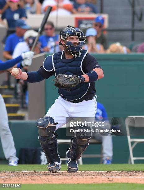 Derek Norris of the Detroit Tigers throws a baseball during the Spring Training game against the Toronto Blue Jays at Publix Field at Joker Marchant...