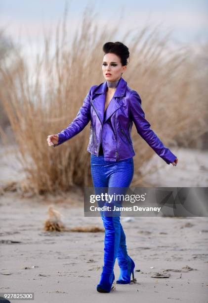 Natalie Portman seen on location for "Vox Lux" at Plumb Beach in Brooklyn on March 5, 2018 in New York City.