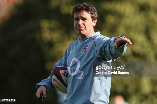 Mike Ford, the England defence coach looks on during the England training session at Pennyhill Park on November 4, 2009 in Bagshot, England.