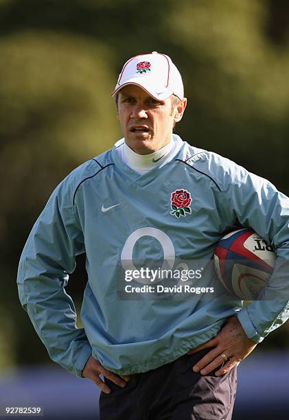 Brian Smith, the England attack coach looks on during the England training session at Pennyhill Park on November 4, 2009 in Bagshot, England.