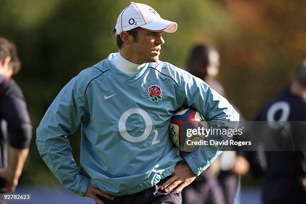 Brian Smith, the England attack coach looks on during the England training session at Pennyhill Park on November 4, 2009 in Bagshot, England.