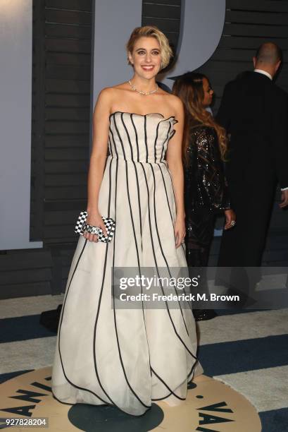 Greta Gerwig attends the 2018 Vanity Fair Oscar Party hosted by Radhika Jones at Wallis Annenberg Center for the Performing Arts on March 4, 2018 in...