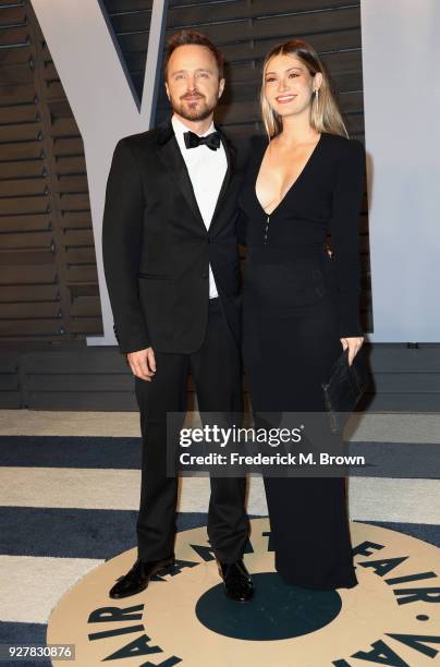 Aaron Paul and Lauren Parsekian attend the 2018 Vanity Fair Oscar Party hosted by Radhika Jones at Wallis Annenberg Center for the Performing Arts on...