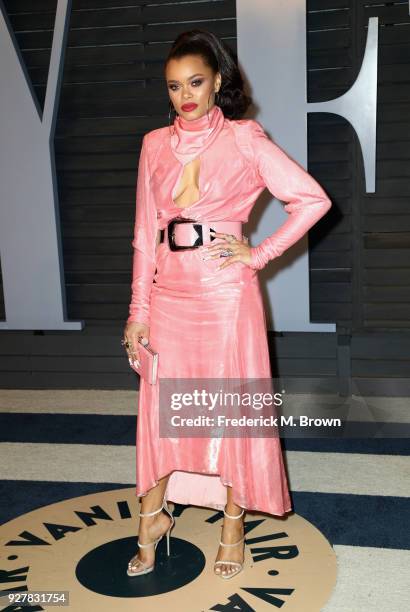 Andra Day attends the 2018 Vanity Fair Oscar Party hosted by Radhika Jones at Wallis Annenberg Center for the Performing Arts on March 4, 2018 in...