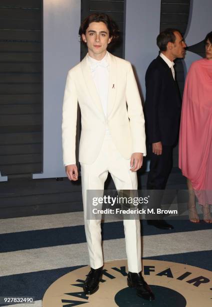 Timothee Chalamet attends the 2018 Vanity Fair Oscar Party hosted by Radhika Jones at Wallis Annenberg Center for the Performing Arts on March 4,...