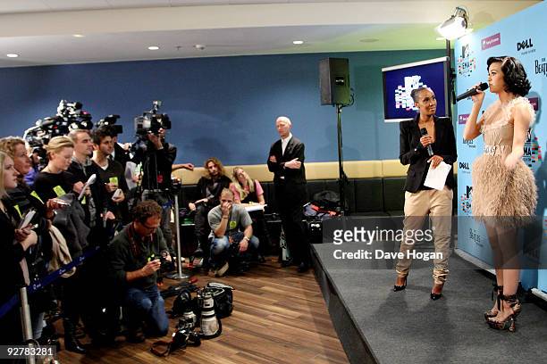 Singer Katy Perry attends a Press Conference prior to the MTV Europe Music Awards 2009 at the O2 Arena on November 4, 2009 in Berlin, Germany.