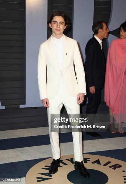 Timothee Chalamet attends the 2018 Vanity Fair Oscar Party hosted by Radhika Jones at Wallis Annenberg Center for the Performing Arts on March 4,...