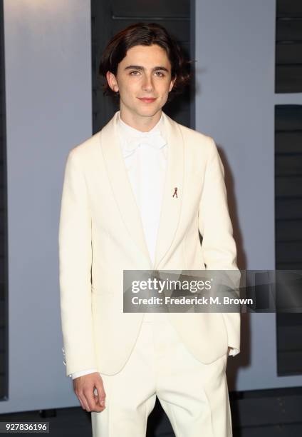 Timothee Chalamet attends the 2018 Vanity Fair Oscar Party hosted by Radhika Jones at Wallis Annenberg Center for the Performing Arts on March 4,...