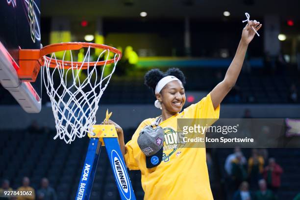 Baylor Alexis Morris cutting the net after the win versus Texas during the Big 12 Women's Championship on March 05, 2018 at Chesapeake Energy Arena...