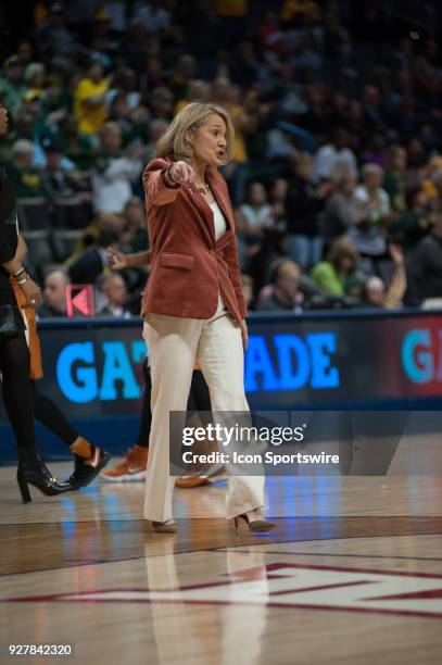 Texas head coach Karen Aston not happy with a call during a timeout versus Baylor University during the Big 12 Women's Championship on March 05, 2018...