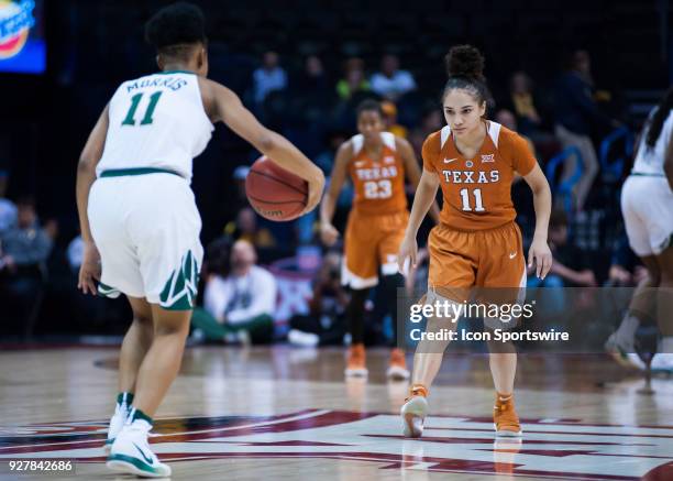 Texas Brooke McCarty playing defense on Baylor Alexis Morris during the Big 12 Women's Championship on March 05, 2018 at Chesapeake Energy Arena in...